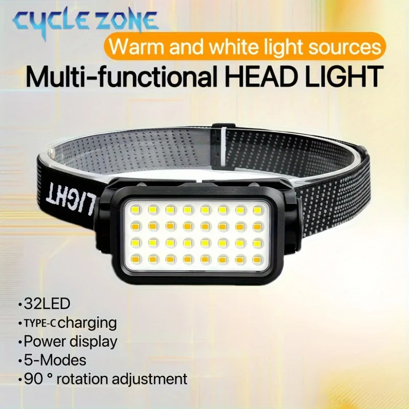 Outdoor Adventure At - Lampada Frontale Ricaricabile con 32 LED,